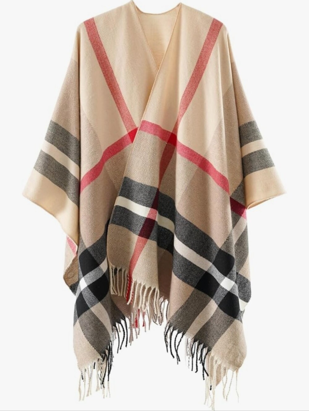 NWT Beige Plaid Fringe Shawl/ Poncho